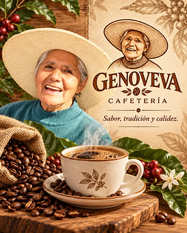 Composición con un retrato ilustrativo, el logo de Genoveva y una taza de café entre granos y hojas de café
