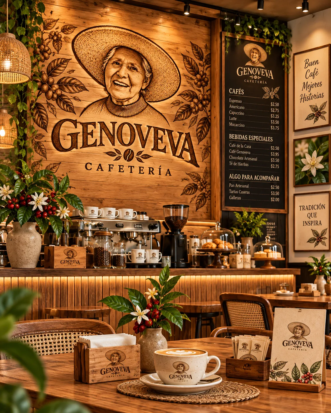 Propuesta de diseño interior de Cafetería Genoveva: mural de madera con el logo sobre la barra de café y mesas de madera