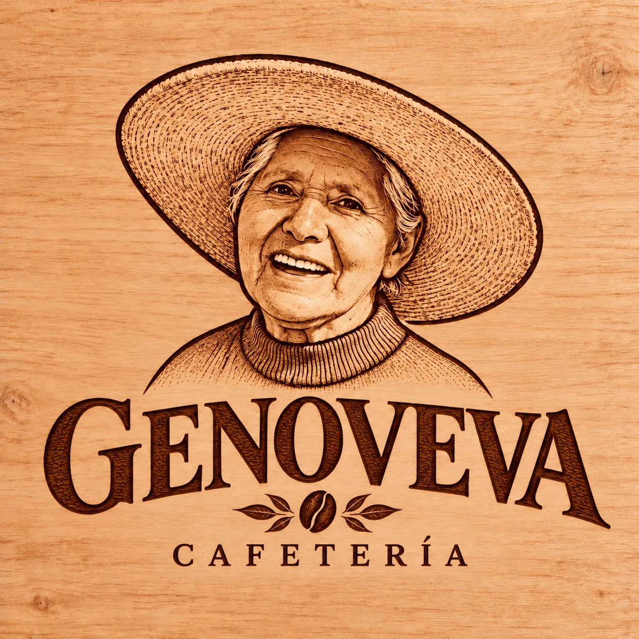 Logo de Cafetería Genoveva: retrato ilustrado de una mujer con sombrero sobre fondo de madera, con el nombre Genoveva y la palabra Cafetería