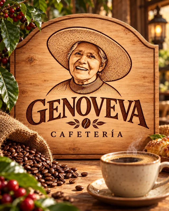 Letrero de madera con el logo de Genoveva junto a granos de café y una taza humeante