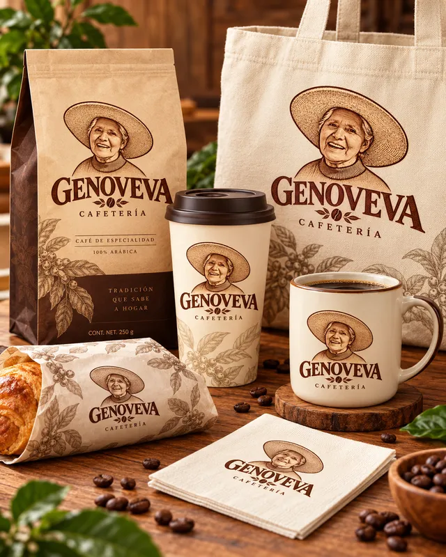 Vaso, taza, bolsa de tela, empaques y servilleta con el logo de Genoveva